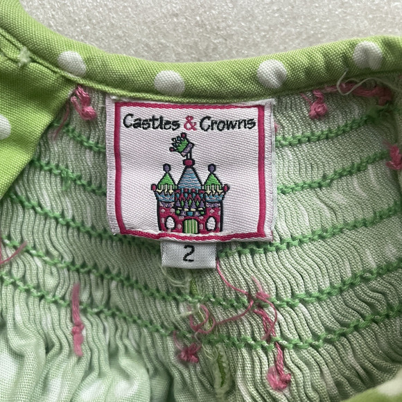 Castles & Crowns Dress Girls 2 Green White Polka Dot Smocked Short Sleeve Midi - Picture 4 of 6